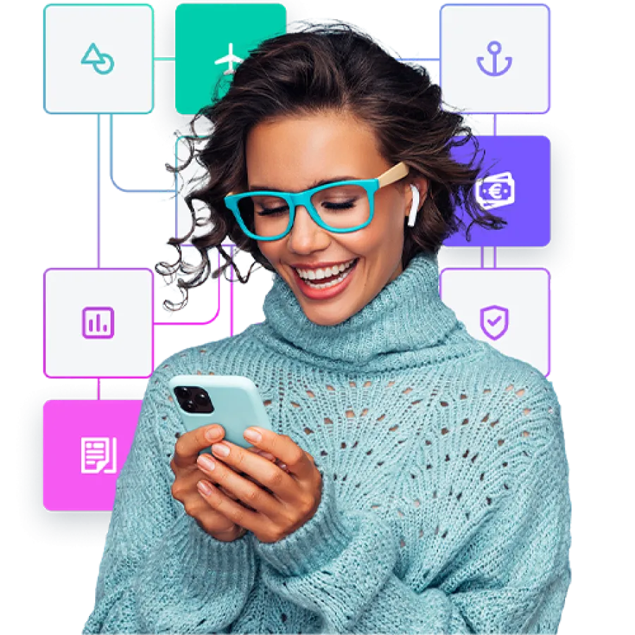 woman in blue shirt surrounded by travel and expense icons